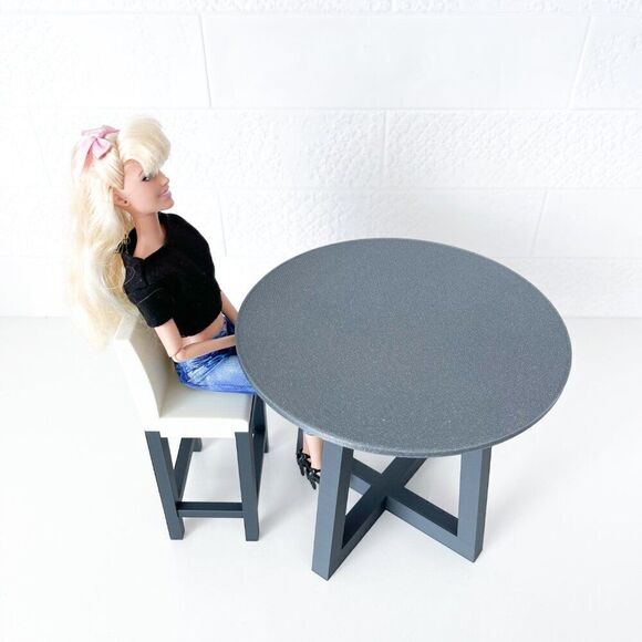 Miniature Barbie Gray Bistro Table 4 White Chairs 3D Printed Dollhouse Furniture - Picture 3 of 5